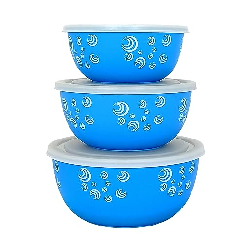Zaib Microwave Safe Stainless Steel Food Storage Container with Lid | Euro Mixing Bowl Set for Kitchen | 500ml, 800ml, 1250ml | Pack of 3 | Reheatable, BPA-Free (3 Print Blue Spiral) - Image 1