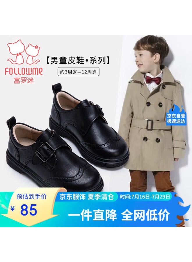 Fulomei Children's Leather Shoes Spring And Autumn New Boys' British Style Campus Performance Black Shoes Black 38