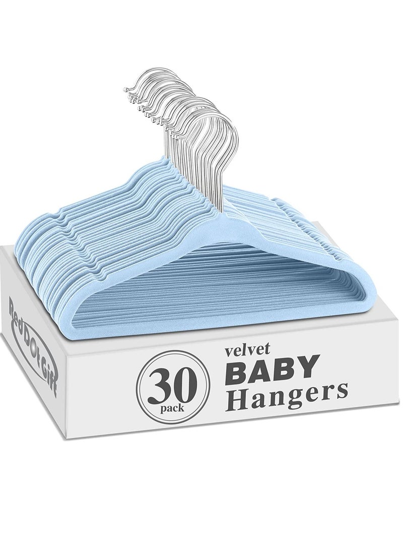 Red Dot Gift 30-Pack Blue Baby Velvet Hangers 11Inch/28cm - Nursery Clothes Hangers Non Slip Toddler Hangers, 360 Chrome Swivel Hook  - Image 1