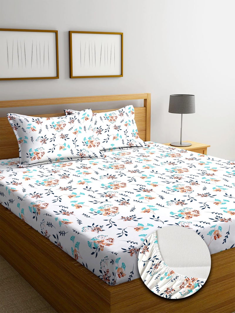TARAIN COLLECTION Cotton Perfect Fitted Bedsheets with 2 Pillow Covers | King Size| Double Bed with All Around Elastic 180 TC |Size-78" x 72" +10" | Floral (Multicolour, Light Brown) - Image 1