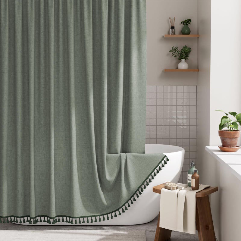 AmazerBath Boho Shower Curtains for Bathroom, Farmhouse Shower Curtain with Tassels, Sage Green Shower Curtain Set, Faux Linen Fabric Shower Curtain with 12 Hooks, Hotel Quality, 72x72 Inches - Image 1