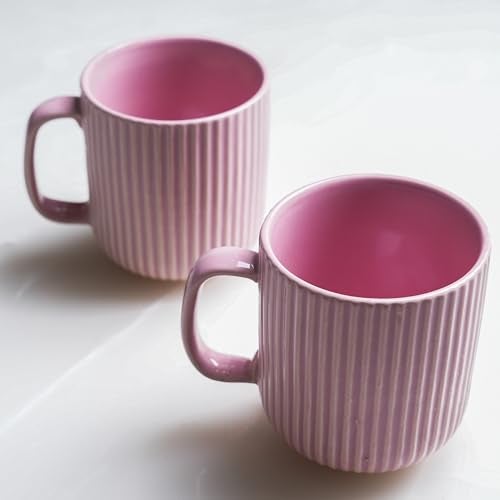 CRAF10 Linear Luxe Ceramic Coffee/Milk Mugs, 340 ML, Dishwasher & Microwave Safe, Pink, Set of 2 - Image 2