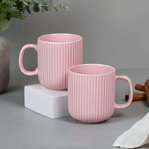 CRAF10 Linear Luxe Ceramic Coffee/Milk Mugs, 340 ML, Dishwasher & Microwave Safe, Pink, Set of 2 - Image 1