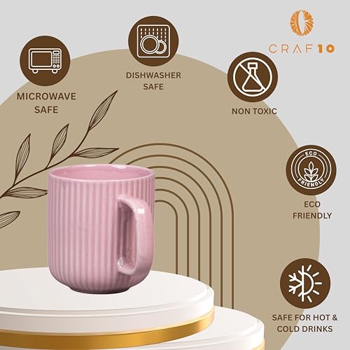 CRAF10 Linear Luxe Ceramic Coffee/Milk Mugs, 340 ML, Dishwasher & Microwave Safe, Pink, Set of 2 - Image 5