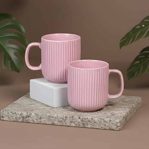 CRAF10 Linear Luxe Ceramic Coffee/Milk Mugs, 340 ML, Dishwasher & Microwave Safe, Pink, Set of 2 - Image 3