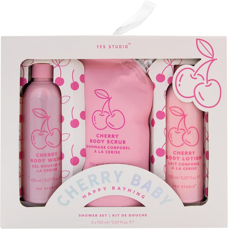 Yes Studio Cherry Baby Happy Bathing Shower Set Cleanse Exfoliate Moisturise with Body Wash Body Scrub Body Lotion 450ml Cherry Scented Bath Gift Set for Smooth Soft Skin