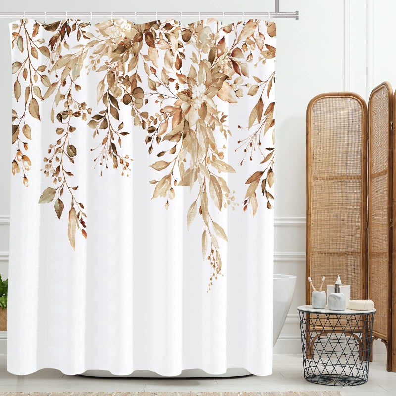 Tititex Tan Eucalyptus Shower Curtain Watercolor Brown Leaves on The Top Plant with Floral Bathroom Decoration Shower Curtain Sets 72x72 Inch with Hooks