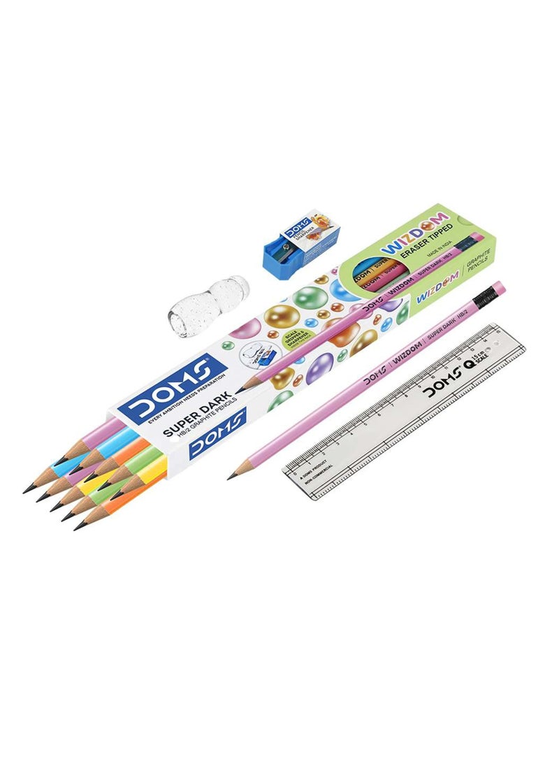 DOMS - 12-Piece Wizdom Eraser Tipped Pencil With Sharpener Gripper and Ruler Set - Image 1