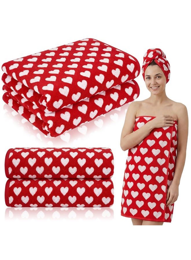 Mindsoft 2 Pcs Valentine's Day Bath Towels 55.12 x 27.56 Inches Red White Hearts Cotton Bath Towel Valentine's Extra Absorbent Quick Dry Decorative Hand Towels for Bathroom Decor - Image 1