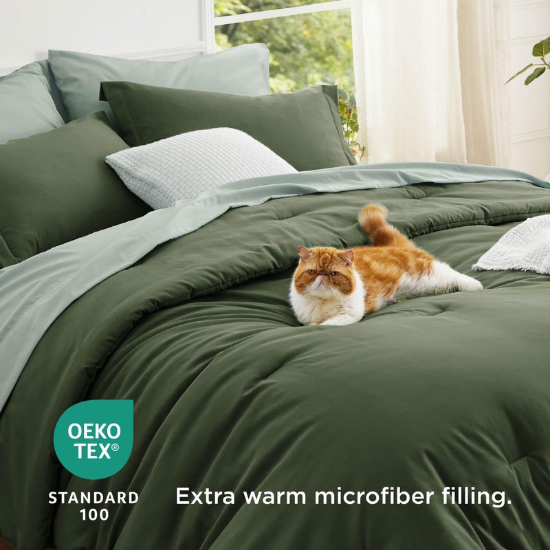 بيد شور مجموعة من الأدوار الخضراء الحجم الكامل الحجم - 7 قطع سرير كامل قابلة للانعكاس في كيس سرير كامل مجموعة خضراء الزيتون مع ملاكات السدادات وشامز - Image 4