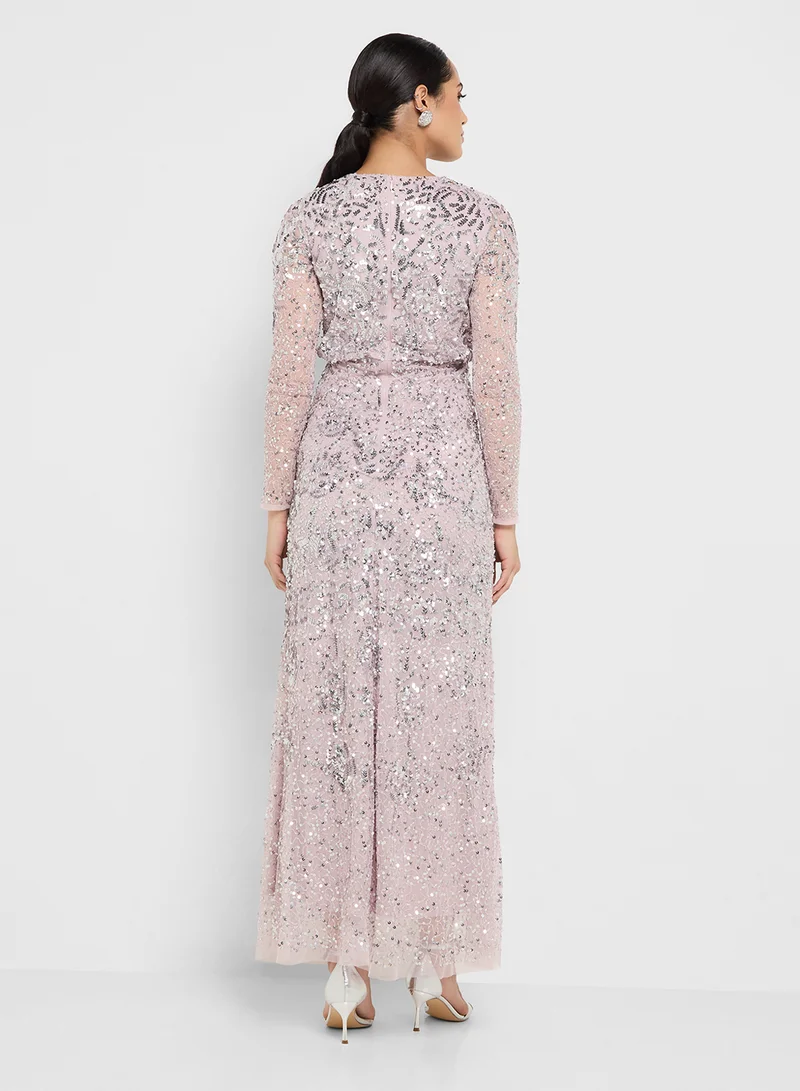 Amelia Rose Straight Sleeve Embellished Maxi Dress