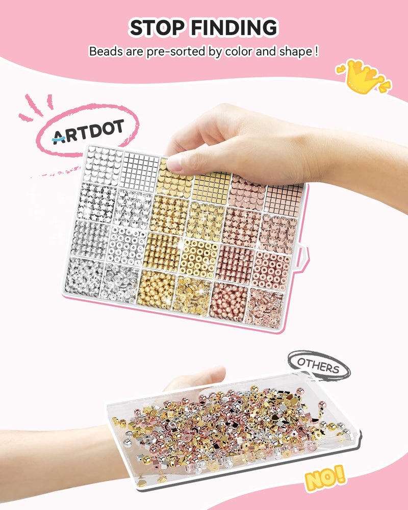 ARTDOT 1740 Pieces Gold Beads for Friendship Bracelets Making Kit, 8 Shapes Organized Jewelry Making Supplies Spacer Beads Set with Rhinestones Crafts Gifts for Teen Girls Ages 6 7 8 9 10 11 12 - Image 5