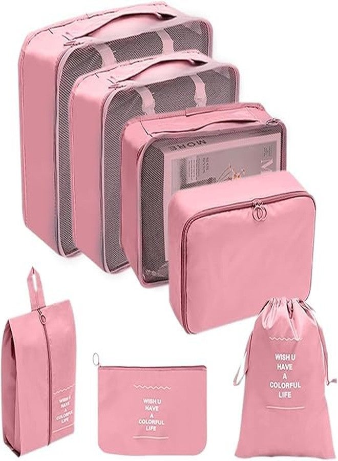 GONIPIMI 7 Set Travel Organizer Bag/Packing Cubes/Bags for Luggage/Suitcases/Travel Accessories/Compression Storage Shoe Bag/Clothing Underwear for Man & Womenl Nylon (Beige) (Pink) - Image 1