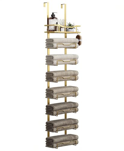 Aetyord Hanging Towel Racks for Bathroom No Drill - Over The Door 8-Tier Bath Towel Storage Organizer for Small Bathrooms - Back Door Large Tiered Towel Holder Hanger for Rolled Towels RV Camper Gold - Image 1
