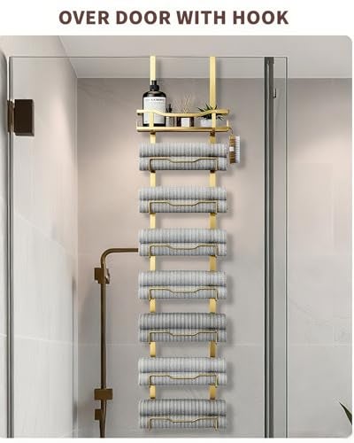 Aetyord Hanging Towel Racks for Bathroom No Drill - Over The Door 8-Tier Bath Towel Storage Organizer for Small Bathrooms - Back Door Large Tiered Towel Holder Hanger for Rolled Towels RV Camper Gold - Image 3