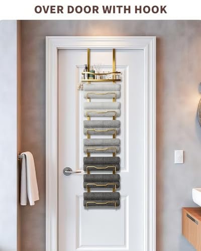 Aetyord Hanging Towel Racks for Bathroom No Drill - Over The Door 8-Tier Bath Towel Storage Organizer for Small Bathrooms - Back Door Large Tiered Towel Holder Hanger for Rolled Towels RV Camper Gold - Image 2