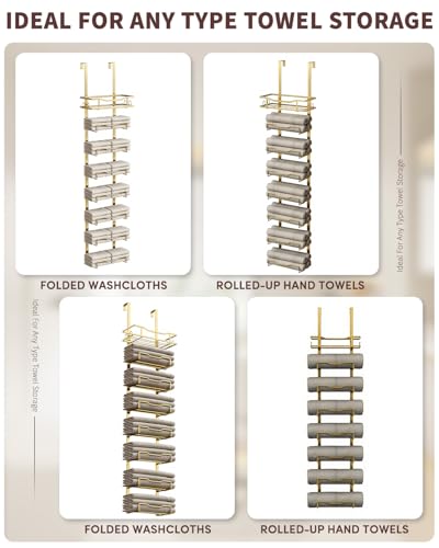 Aetyord Hanging Towel Racks for Bathroom No Drill - Over The Door 8-Tier Bath Towel Storage Organizer for Small Bathrooms - Back Door Large Tiered Towel Holder Hanger for Rolled Towels RV Camper Gold - Image 5