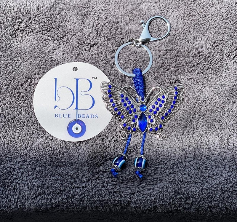 BLUE BEADS Silver Color Blue Evil Eye With Butterfly Keychain For Bike/Car Gifting With Key Ring Anti-Rust - Image 3