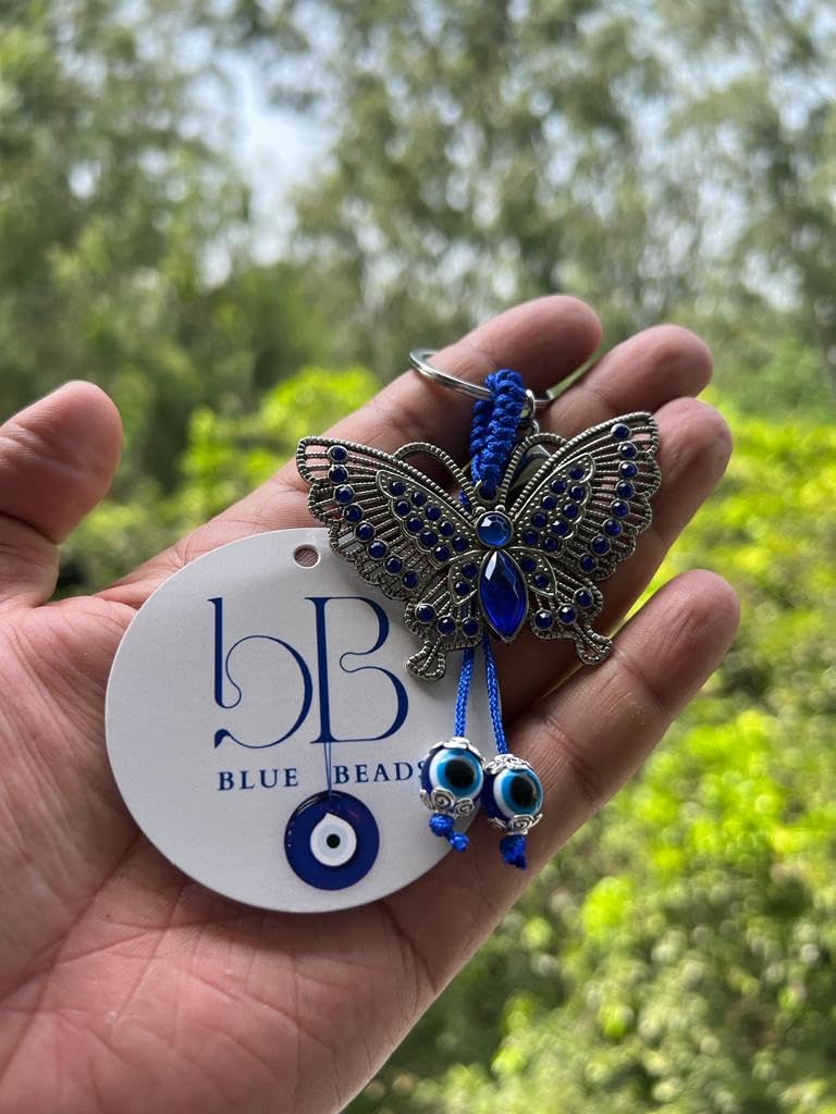 BLUE BEADS Silver Color Blue Evil Eye With Butterfly Keychain For Bike/Car Gifting With Key Ring Anti-Rust - Image 5