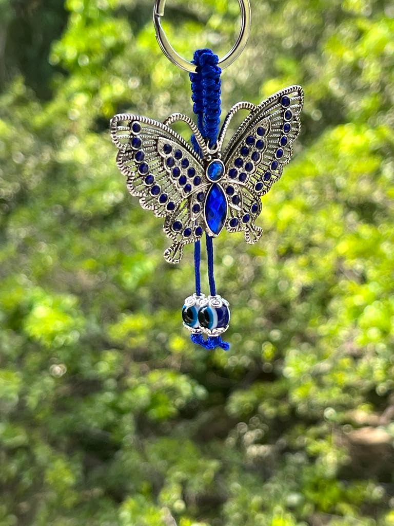 BLUE BEADS Silver Color Blue Evil Eye With Butterfly Keychain For Bike/Car Gifting With Key Ring Anti-Rust - Image 4