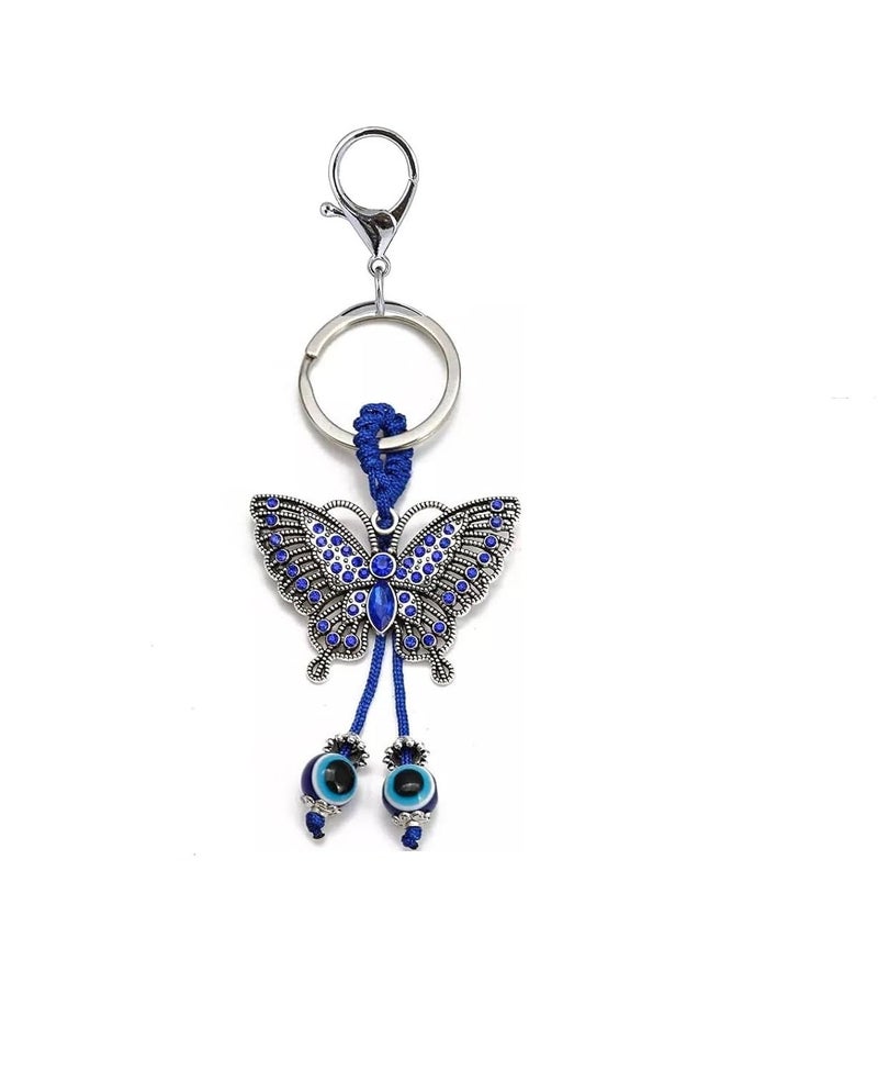 BLUE BEADS Silver Color Blue Evil Eye With Butterfly Keychain For Bike/Car Gifting With Key Ring Anti-Rust - Image 1