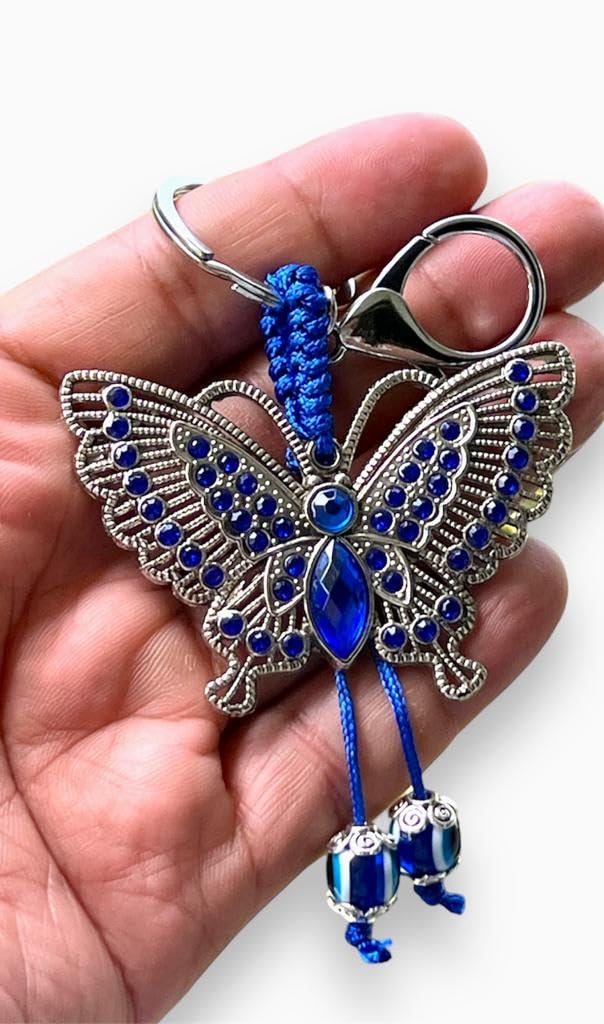 BLUE BEADS Silver Color Blue Evil Eye With Butterfly Keychain For Bike/Car Gifting With Key Ring Anti-Rust - Image 2
