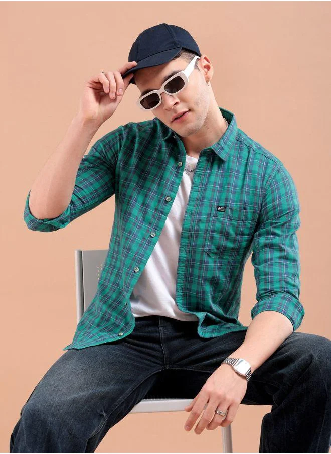 شركة المرآب الهندية Men Slim Fit Checkered Full Sleeves Spread Collar Casual Shirt