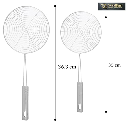 VinSan Stainless Steel, Combo Deep Fry Net Spoon Oil Strainer with Steel Handle Jhara,Mesh,Ladle,Wire,Skimmer,Puri,Juice,Pasta & Rice Use Strainer for Kitchen, Combo of Small and Medium, 2 Pcs - Image 3