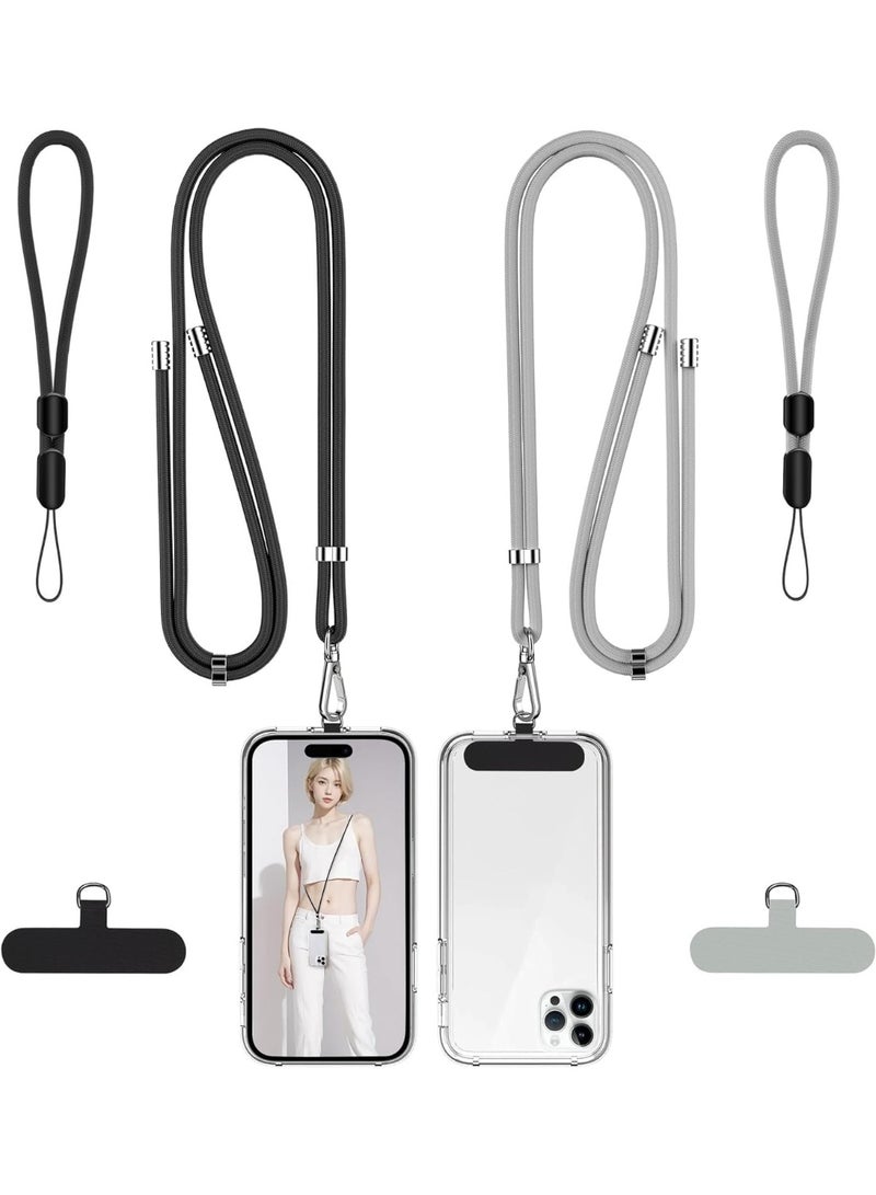 Phone Lanyard, 2 Pack Adjustable Cell Phone Lanyard Crossbody Neck Strap & 2 Pack Phone Wrist Strap with 2 Pcsompatible Pads for iPhone Android Smartphones-Black Grey - Image 1