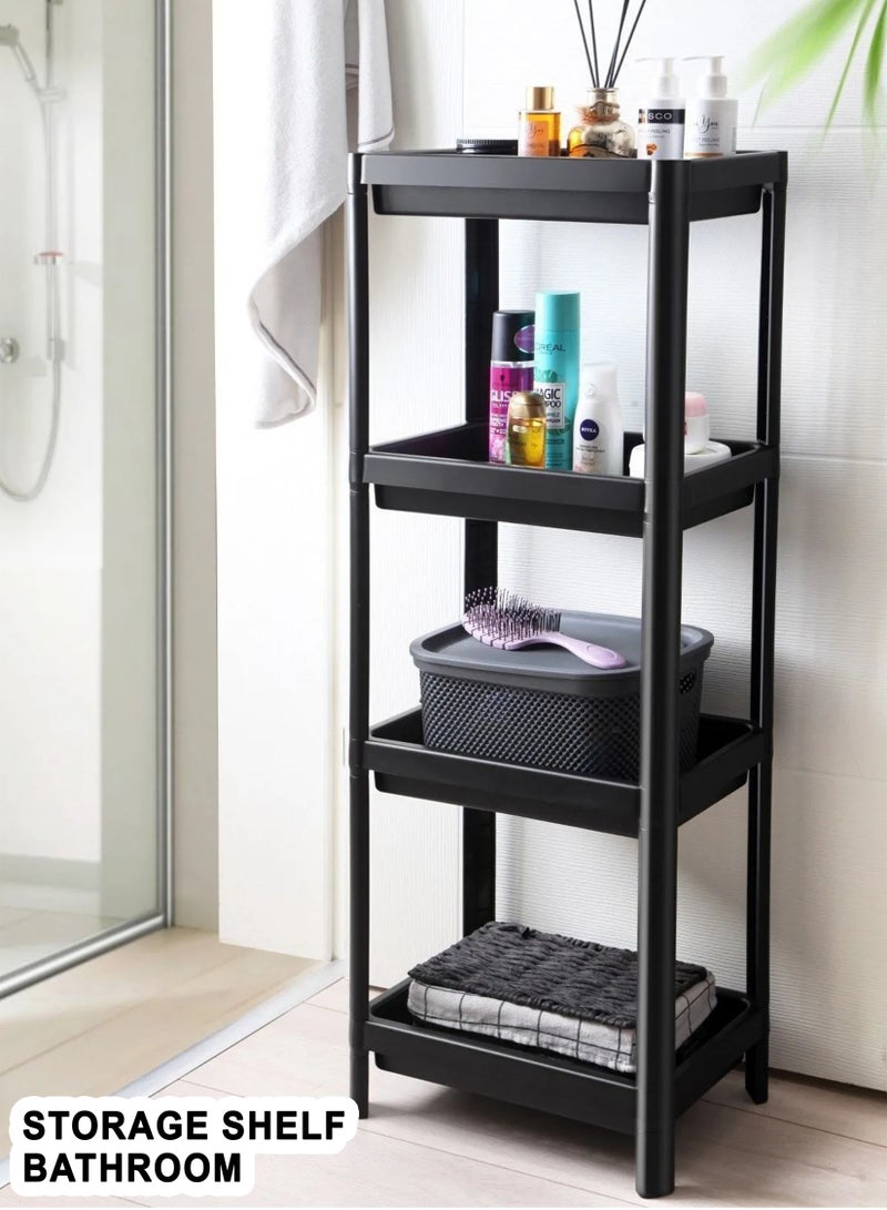 Toshionics 4-Layer Floor Type Plastic Storage Shelf Cart – Black – Adjustable 2/3/4 Tier Rolling Organizer for Bathroom, Kitchen, Living Room, Laundry Room – Durable ABS Plastic, Compact & Tool-Free Assembly - Image 1