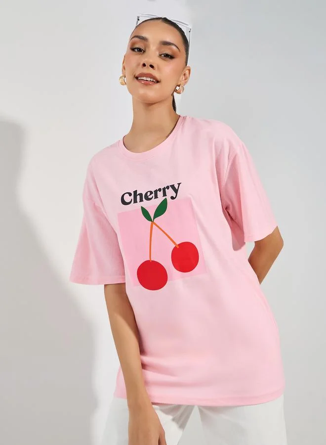 Styli Oversized Cherry Graphic Print Longline T-Shirt