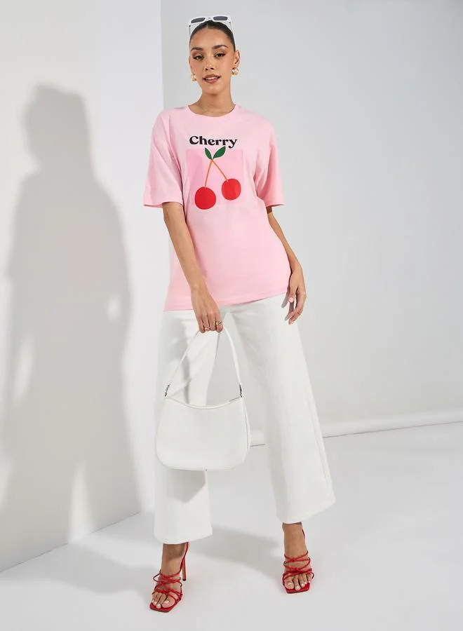 Styli Oversized Cherry Graphic Print Longline T-Shirt