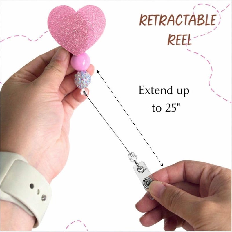 YJ PREMIUMS Light Pink Heart Badge Reel Cute Sparkly ID Name Holder with Retractable Clip Girly Hospital School Medical Office Accessories Valentines Day Gift for Teachers Nurses Medical Assistant Office Workers - Image 3
