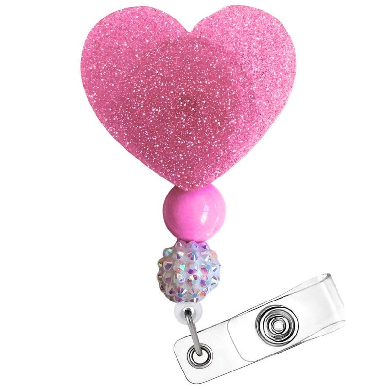 YJ PREMIUMS Light Pink Heart Badge Reel Cute Sparkly ID Name Holder with Retractable Clip Girly Hospital School Medical Office Accessories Valentines Day Gift for Teachers Nurses Medical Assistant Office Workers - Image 1