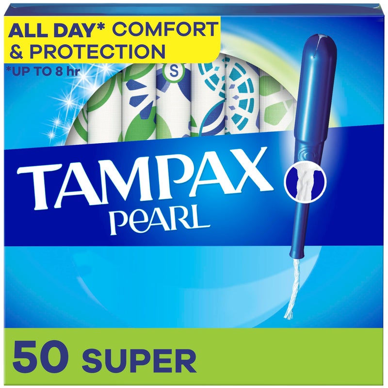 Tampax Pearl Tampons for Women, with LeakGuard Braid, Super Absorbency, Unscented, 50 Count - Image 1
