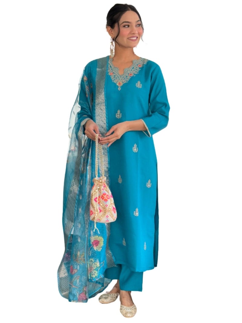 Naixa Women's Firoji Viscose Embroidered Straight Kurta with Viscose Pant and Jacquard Printed Dupatta Sets (NX-690-Firoji-M) - Image 1