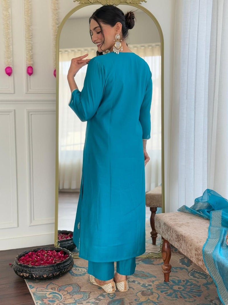Naixa Women's Firoji Viscose Embroidered Straight Kurta with Viscose Pant and Jacquard Printed Dupatta Sets (NX-690-Firoji-M) - Image 4