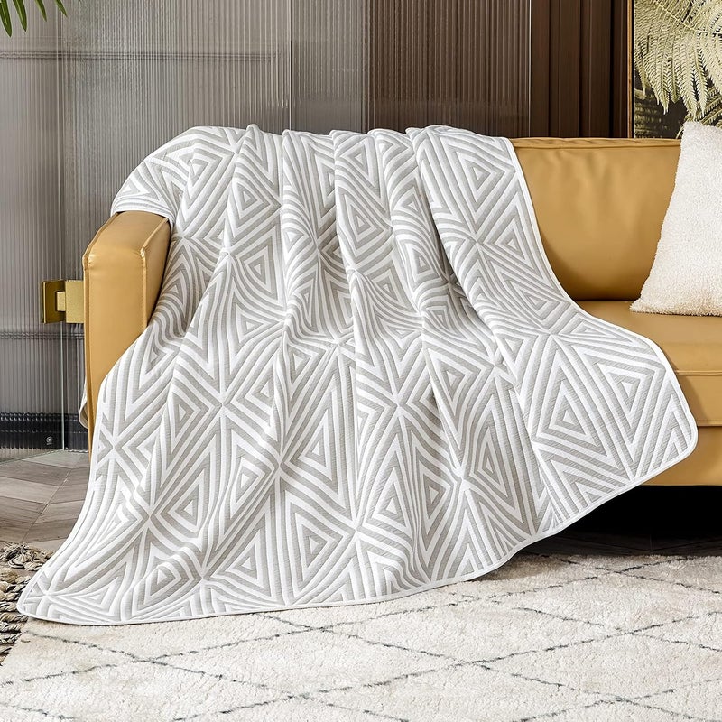 EMME Cotton Twin Quilt - Soft Blanket 6 Layer Thicken 400GSM Large Triangle Jacquard Blanket 60"x 80", Cotton Comforter Twin Size for Bed Couch Chair All Seasons (Light Grey) - Image 2