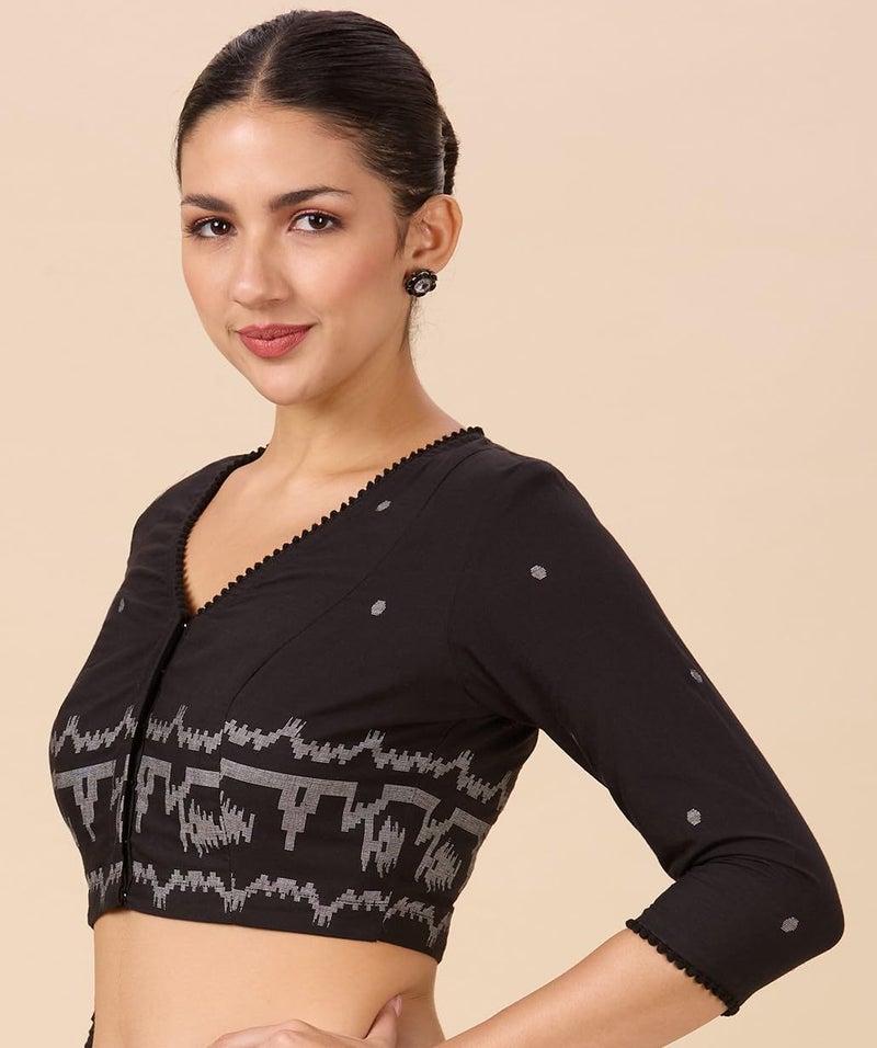 Studio Shringaar Women's Cotton Temple Border Readymade Saree Blouse(Black, 36) - Image 3