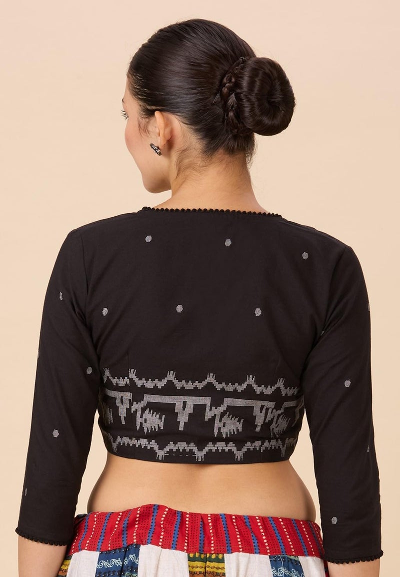 Studio Shringaar Women's Cotton Temple Border Readymade Saree Blouse(Black, 36) - Image 2