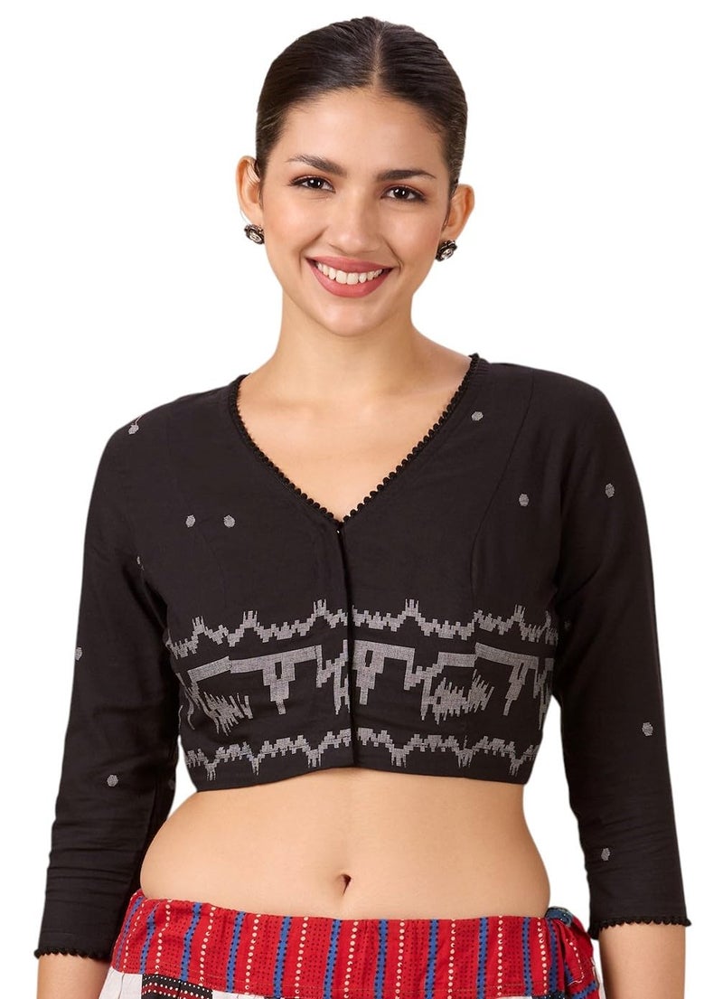 Studio Shringaar Women's Cotton Temple Border Readymade Saree Blouse(Black, 36) - Image 1