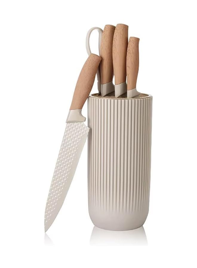 S-TOP 5 Piece Kitchen Knife Set with Block – Professional Stainless Steel Chef Knives with Ergonomic Wooden Handles & Modern Storage Holder – For Home & Restaurant Use (Cream) - Image 1