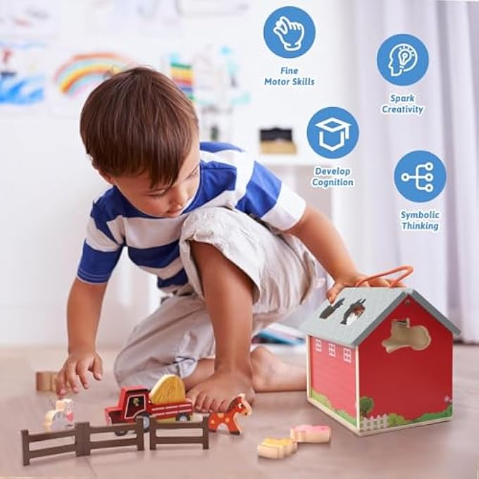 ألعاب مزرعة خشبية للأطفال من 2 إلى 3 سنوات، حيوانات المزرعة للأطفال من 1 إلى 3 سنوات مع حظيرة كبيرة وجرار، ألعاب تعليمية للتصنيف والتكديس للأعمار من 2 إلى 4، هدايا عيد ميلاد مونتيسوري الأولى للأولاد والبنات - Image 4