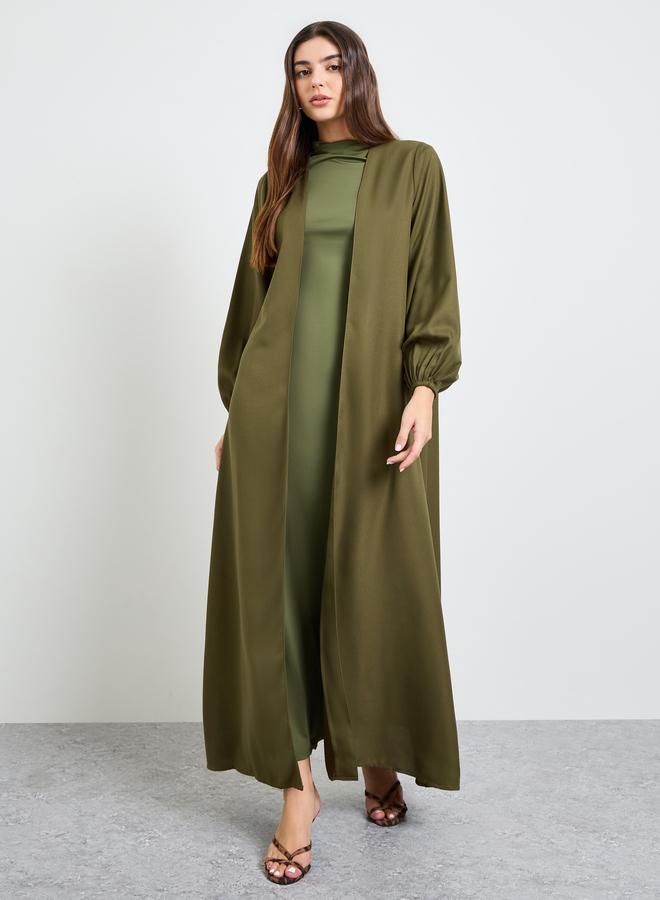 Amirah Olive Solid Cuffed Long Sleeve Abaya - Image 1