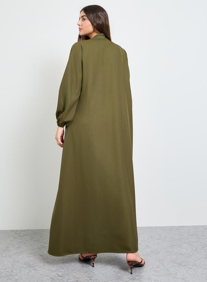 Amirah Olive Solid Cuffed Long Sleeve Abaya - Image 3
