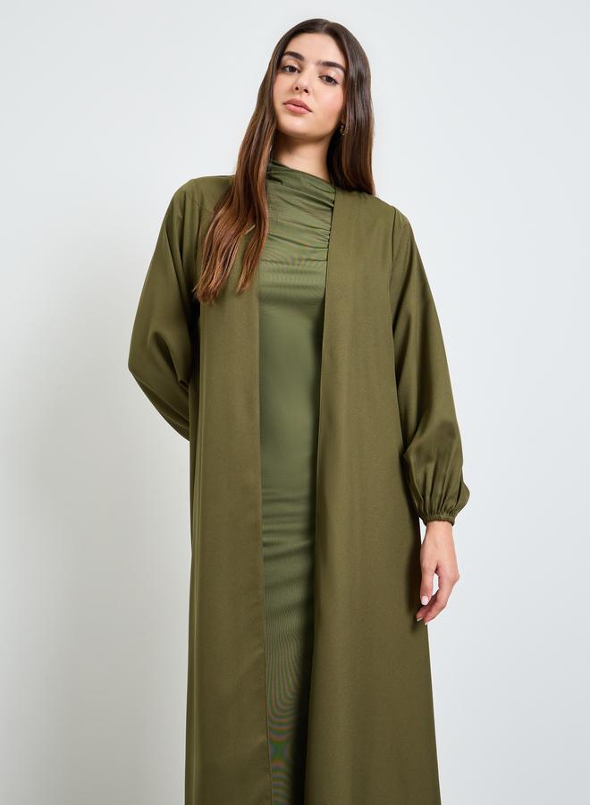 Amirah Olive Solid Cuffed Long Sleeve Abaya - Image 2