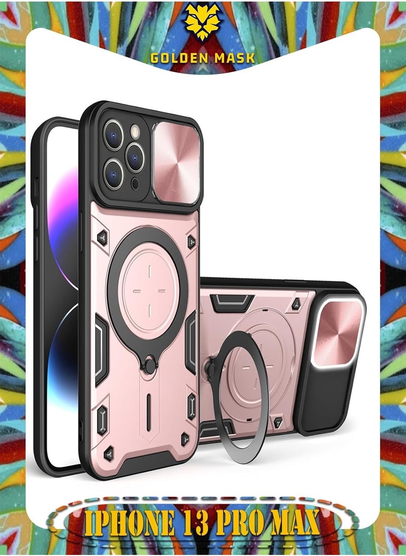 جولدن ماسك جولدن ماسك لهاتف ايفون 13 برو ماكس (iPhone 13 Pro Max) جراب حماية مع باب جرار لحماية عدسة  الكاميرا المدرعة مدمج بزاوية 360 درجة - (روز جولد) 