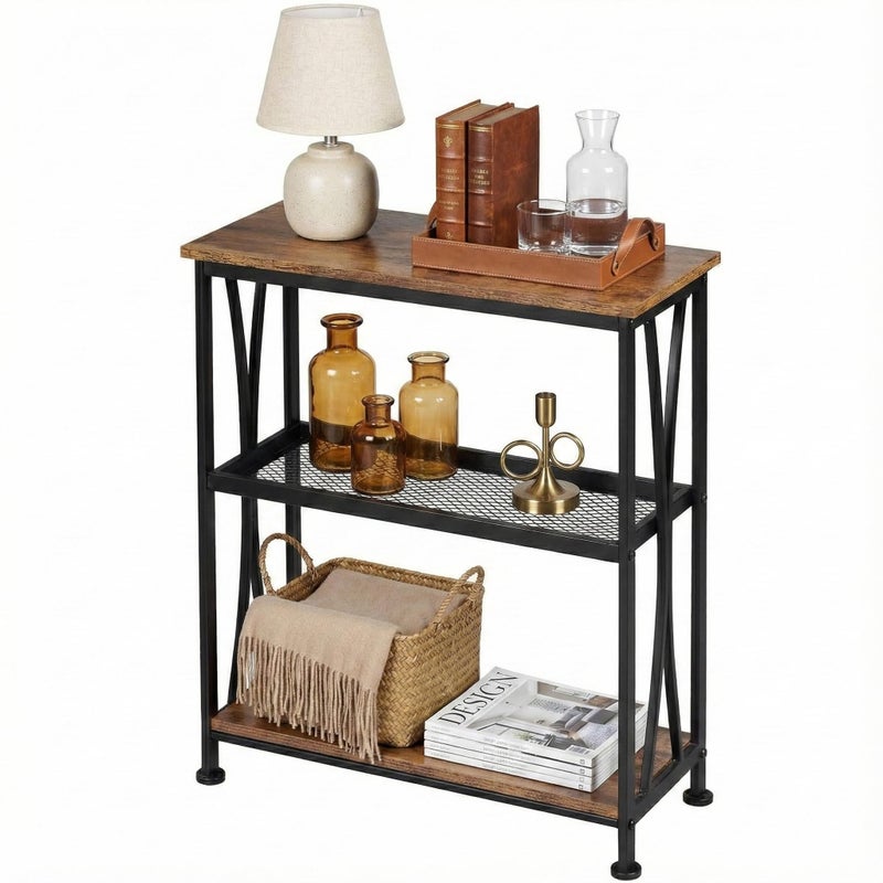 GIOPACO Narrow End Table,20" Long Side Table with 3 Tier Storage Shelves, Small Hallway Tableï¼ŒIndustrial Rustic Accent Skiny Slim Couch Beside Table for Small Spaces,Rustic Brown - Image 1