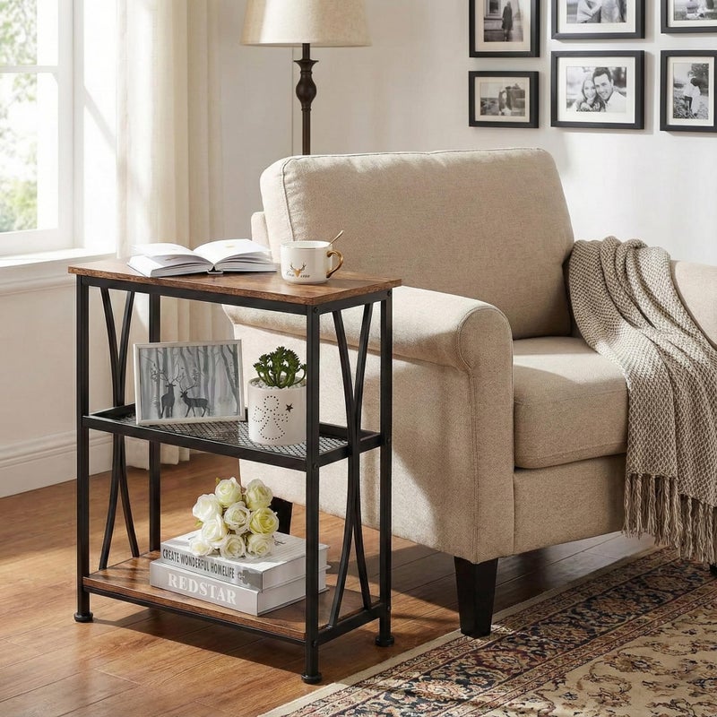 GIOPACO Narrow End Table,20" Long Side Table with 3 Tier Storage Shelves, Small Hallway Tableï¼ŒIndustrial Rustic Accent Skiny Slim Couch Beside Table for Small Spaces,Rustic Brown - Image 2