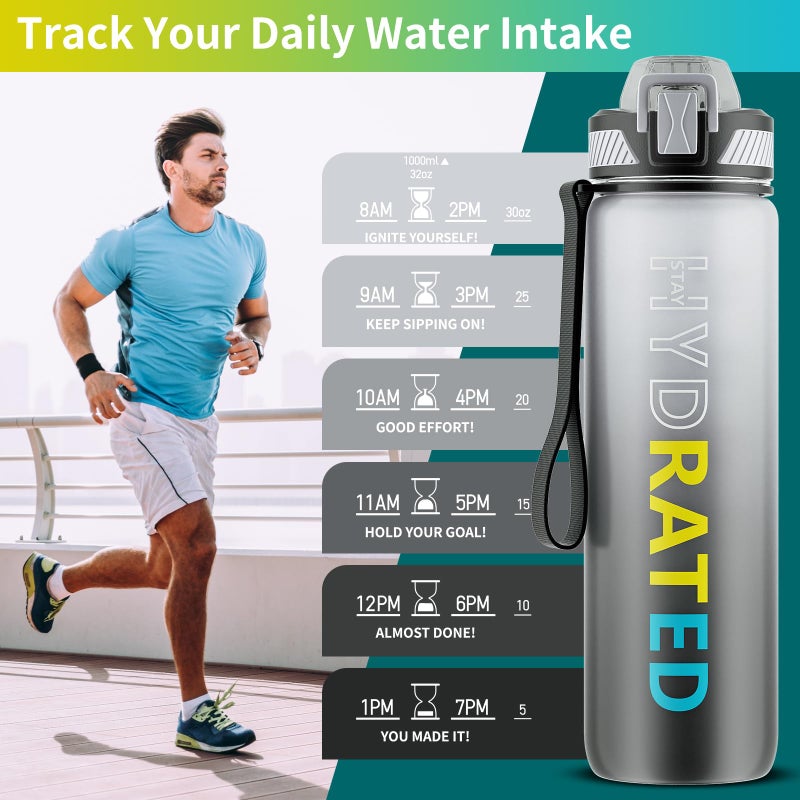 QLUR Water Bottle with Straw, 32oz Motivational Water Bottles with Time Marker to Drink, Tritan BPA Free, 1L Sports Water Bottle with Carry Strap LeakProof for Women Gym Fitness Outdoor (1 Pack) - Image 2